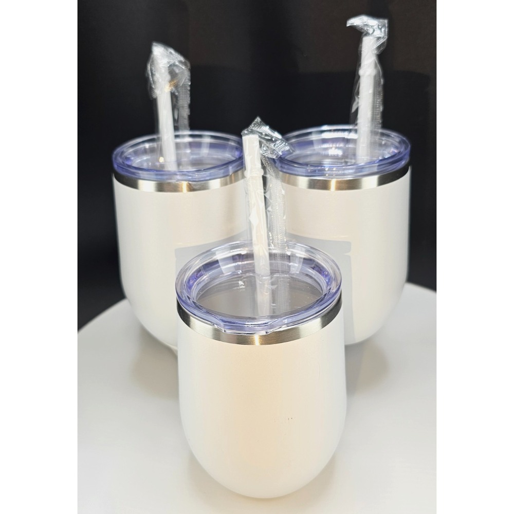 Lot of 3 Insulated Stainless Steel Stemless Wine Glass Tumblers 12oz White